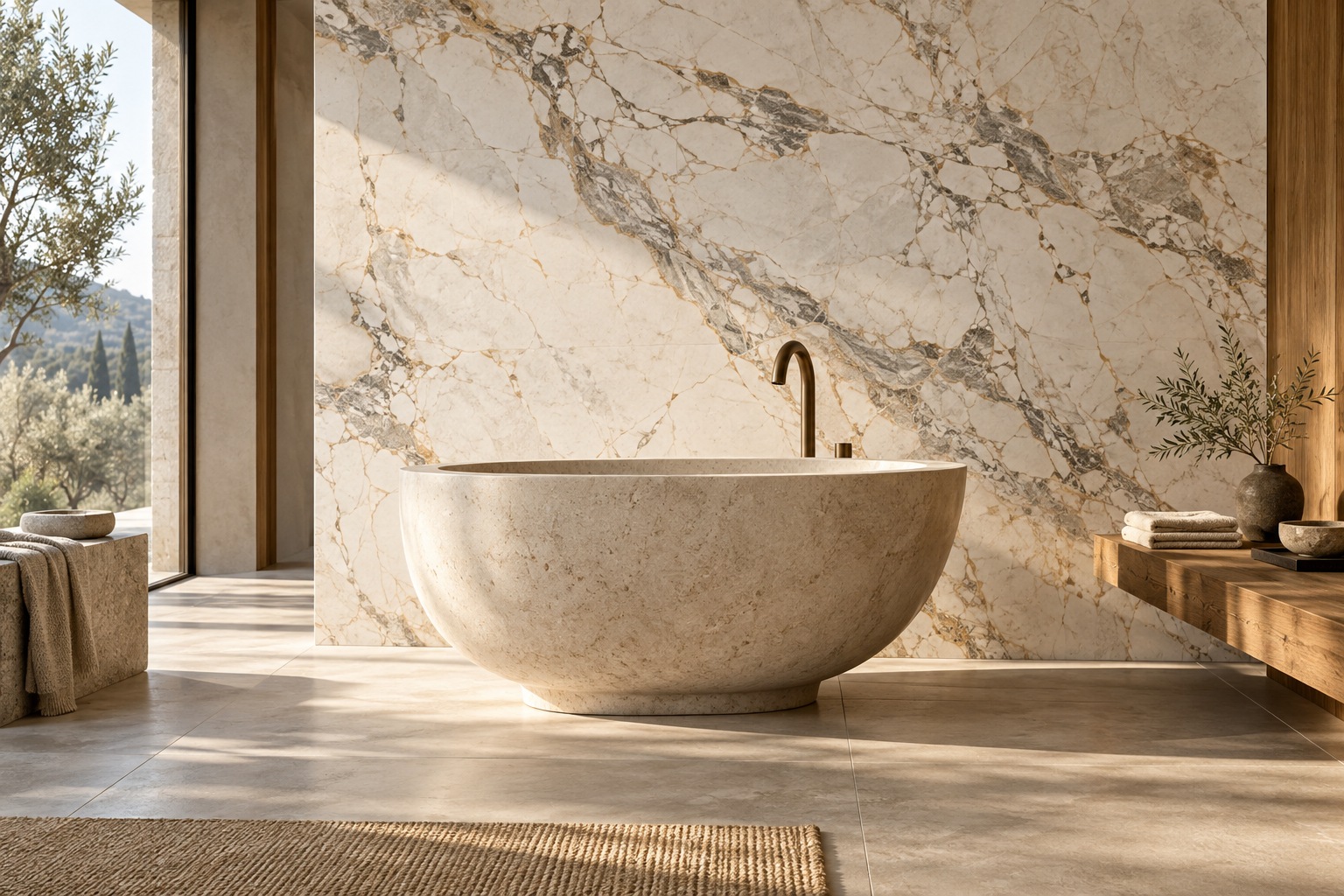 Doğal taş lavabo ve damarlı mermer duvar ile sakin bir banyo tasarımı